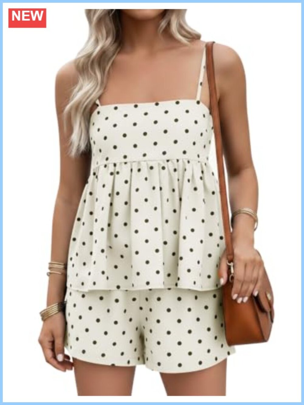 Women's Polka Dot 2 Piece Short Set with Pockets, Sleeveless Babydoll Top &